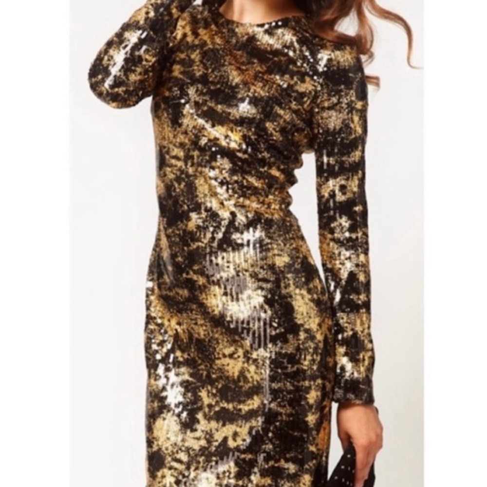 Adam Lippes Occasion Dress, Black and Gold sequined, long sleeve. Size 8